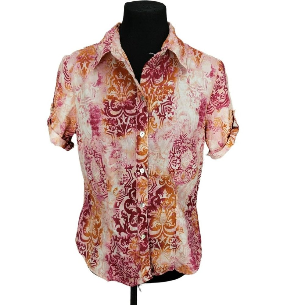 Caribbean Joe Pink Hawaiaan Floral Button Up Women's Size‎ Medium Shirt